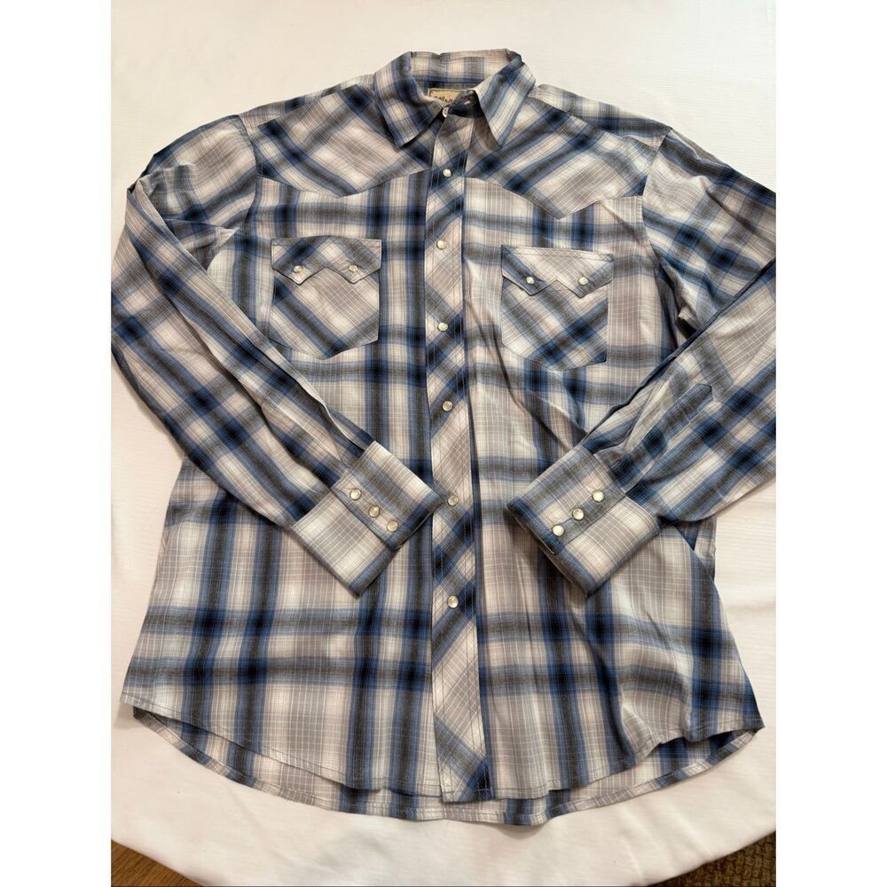 Wrangler Sawtooth Western Blue Plaid Pearl Snap Cowboy Rodeo Range Shirt Large